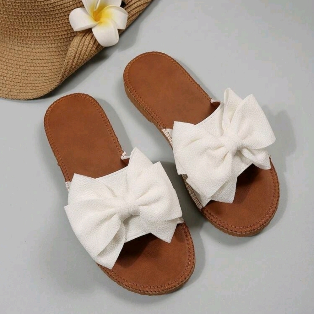 Preppy Slide Sandals For Women, Bow Decor Single Band Flat Sandals - Picture 5 of 6